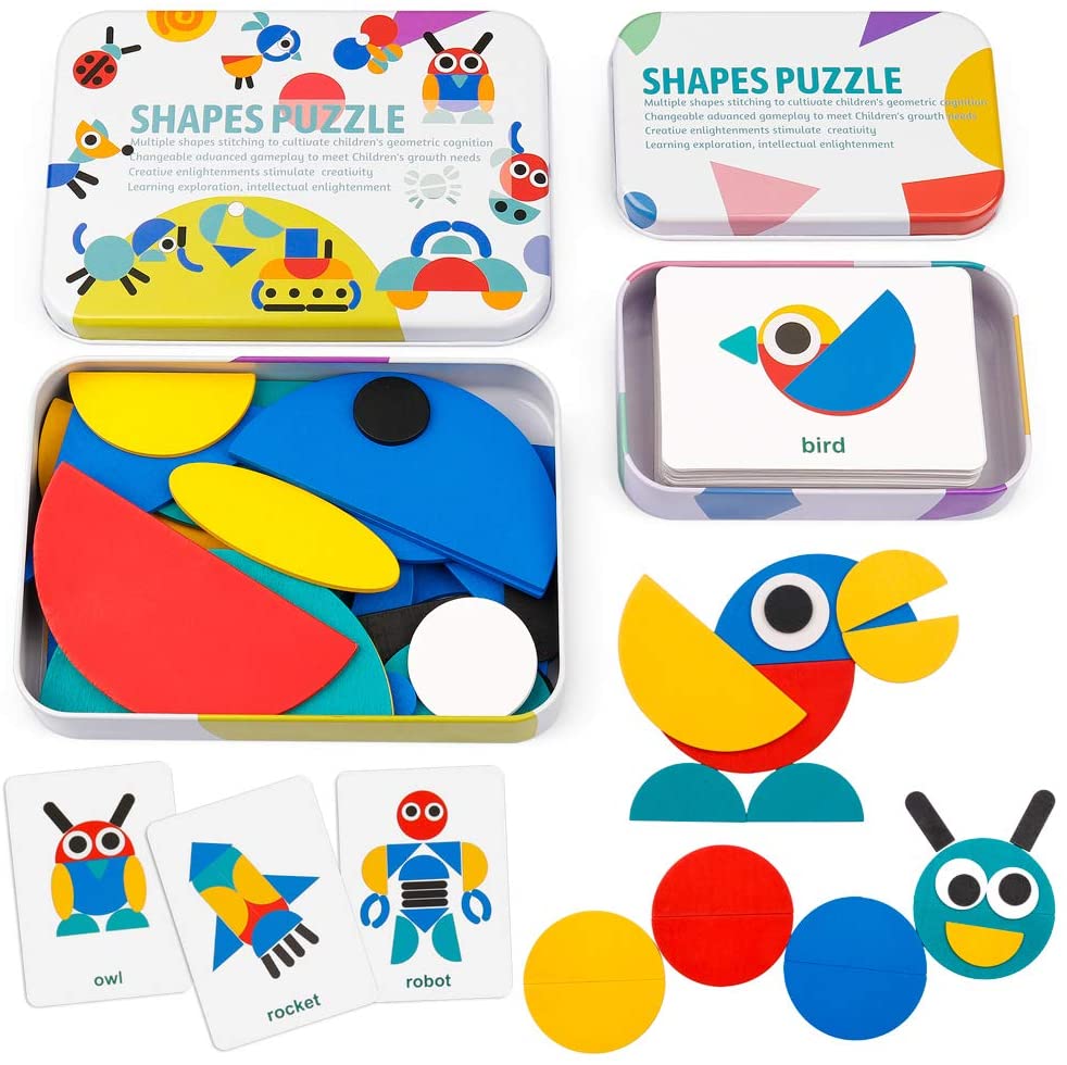 Wooden Blocks Puzzle Brain Teasers Toy Tangram -Gift for Toddlers,Montessori Educational Toys